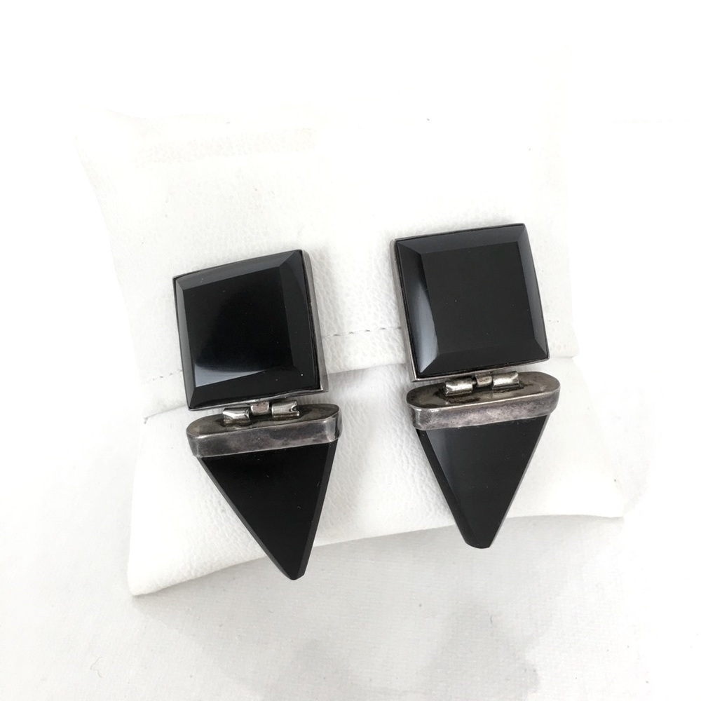 Vintage Art Deco Sterling Silver & Black Onyx Clip On Earrings Square Rectangle